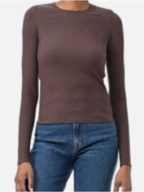 Splendid Brown Ribbed Long-Sleeve Crewneck Top